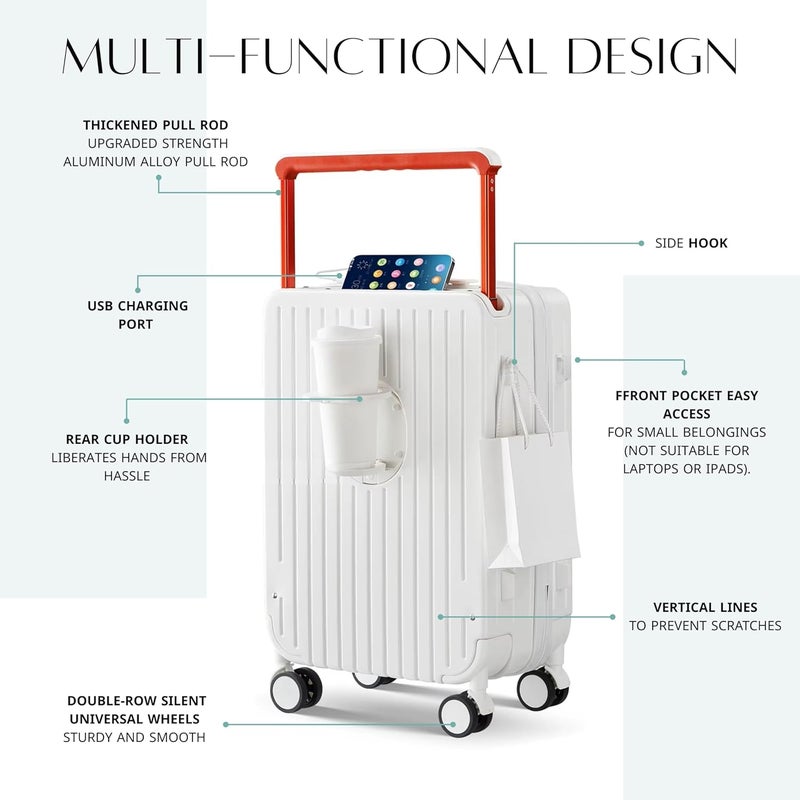 Tereplus 20-inch Carry-on Luggage with Front Open Laptop Compartment, USB Port, and Cup Holder - White - Image 2